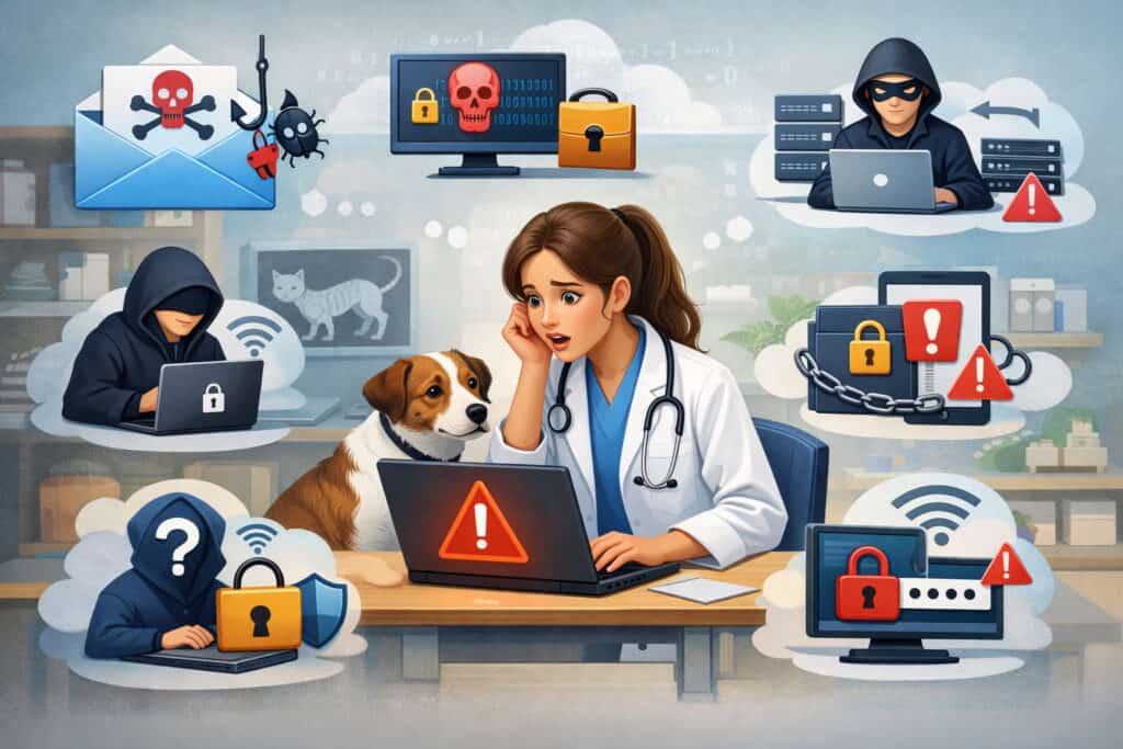 Cybersecurity threats in a veterinary clinic showing a vet using a laptop surrounded by icons of phishing, malware, ransomware, data breaches, and insecure networks