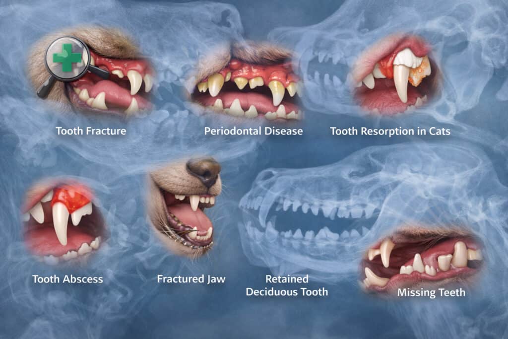 AI-assisted veterinary dental diagnostics illustration showing common pet dental conditions including tooth fracture, periodontal disease, tooth resorption in cats, abscess, fractured jaw, retained deciduous teeth, and missing teeth with X-ray background
