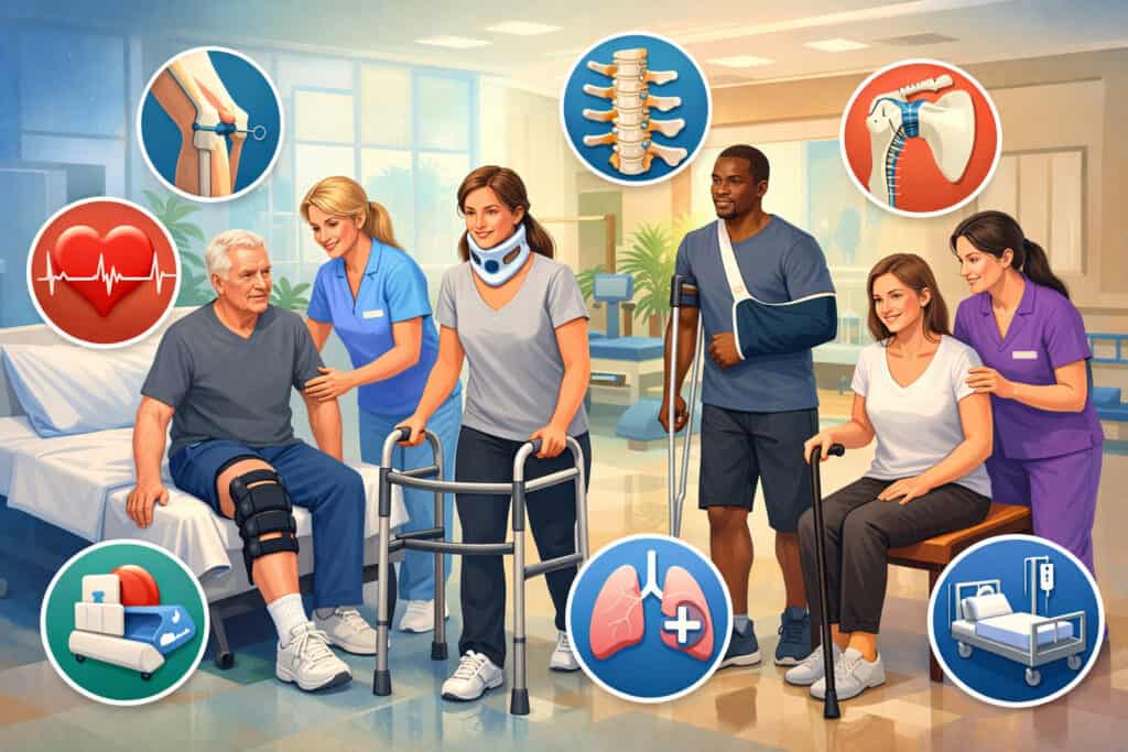 Illustration of diverse patients recovering from surgery receiving rehabilitation and mobility support with therapists, including knee, spine, shoulder, and hip recovery scenarios in a clinical setting
