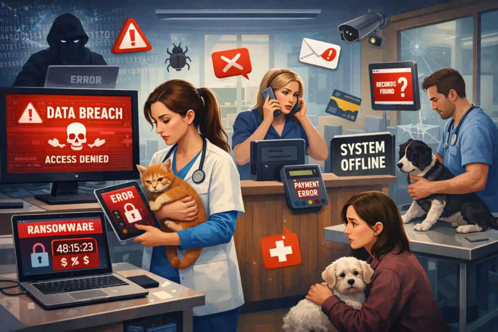 Cyberattack disrupting veterinary clinic operations with system errors, data breach alerts, and staff treating pets amid digital system failure