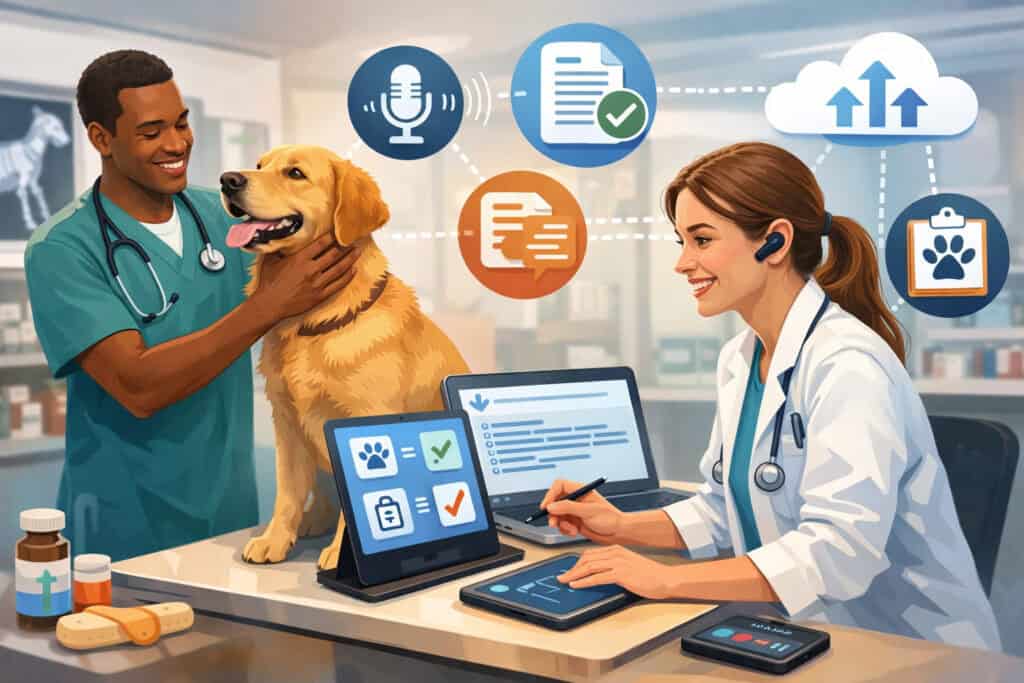 Digital scribe technology assisting veterinary team during pet examination with AI voice transcription and automated medical documentation workflow