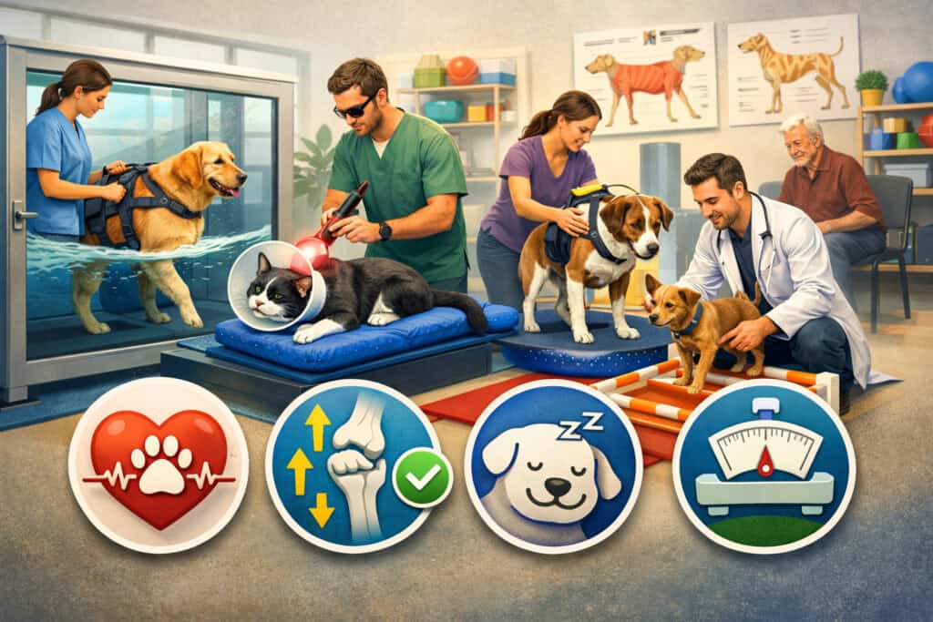 Post-surgical pet rehabilitation with dogs and cats receiving hydrotherapy, laser therapy, and mobility exercises in a veterinary clinic with recovery benefit icons visible