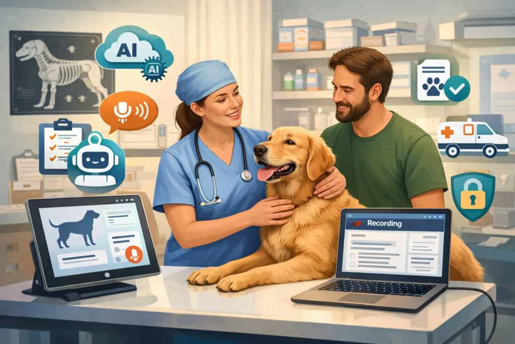 AI medical scribe assisting veterinarian during pet examination in modern clinic with digital interface and healthcare technology icons