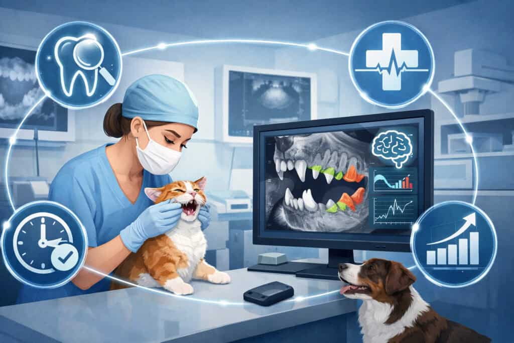 AI-enhanced veterinary dental imaging illustration showing a veterinarian examining a cat, digital X-ray analysis of animal teeth, and visual icons representing accuracy, efficiency, and advanced diagnostics in animal healthcare