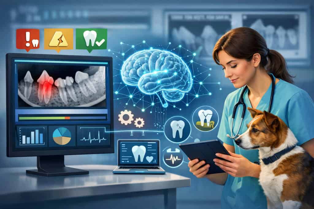 AI-powered veterinary dental radiograph analysis showing a vet reviewing a dog’s dental X-ray with highlighted problem areas and diagnostic icons on a digital interface