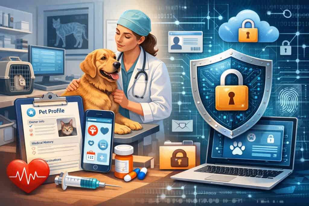 Veterinarian examining a dog alongside digital pet records, medical icons, and cybersecurity symbols illustrating data protection in veterinary clinics