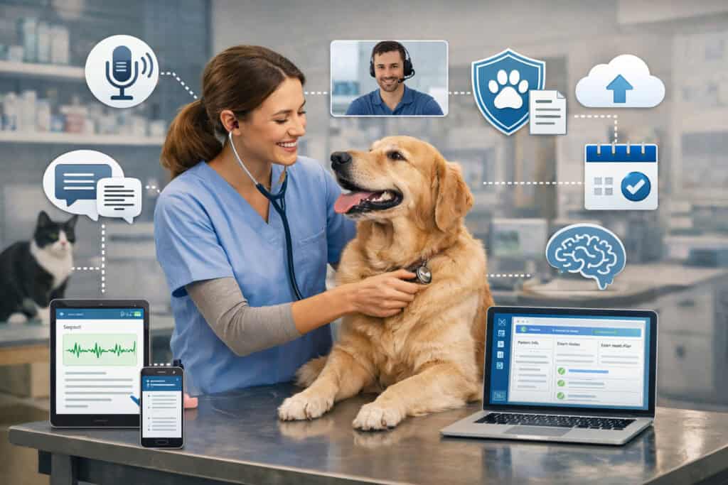 AI-powered digital scribe assisting veterinarian during pet examination with real-time transcription and electronic medical records integration