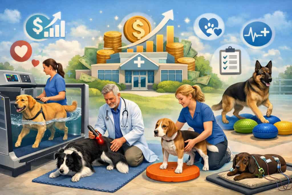 Veterinary rehabilitation clinic with dogs receiving hydrotherapy, laser treatment, balance therapy, and electrotherapy, illustrating pet recovery services alongside growing veterinary business revenue icons