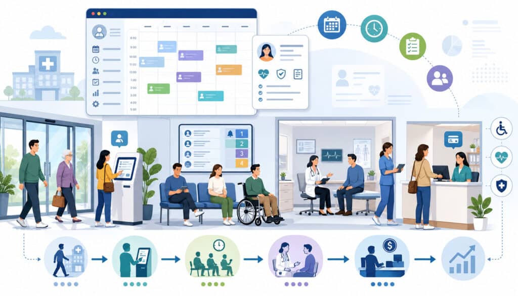 Clinic appointment scheduling and patient flow management illustration