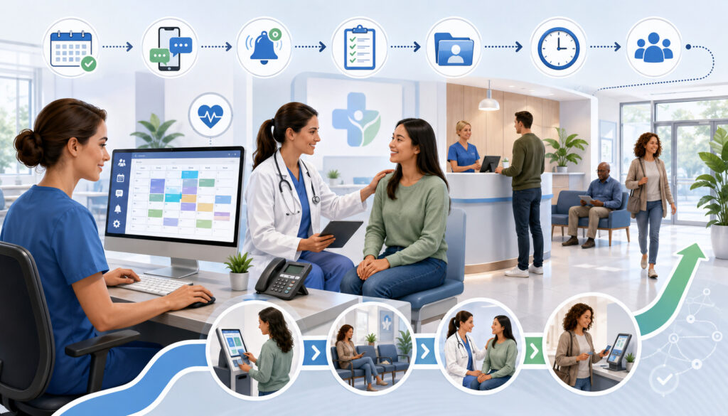 Healthcare appointment scheduling and patient flow illustration
