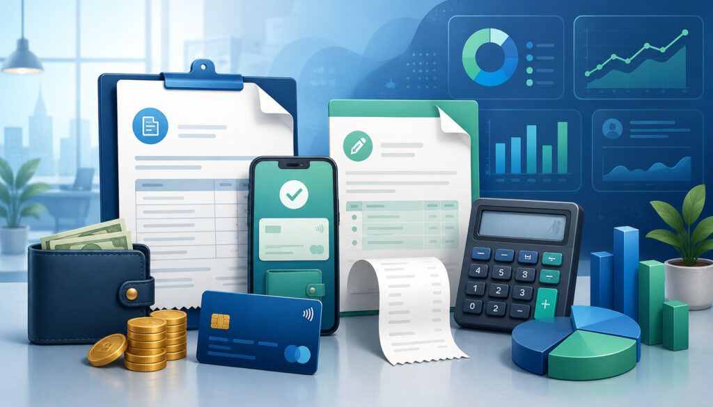 Billing and payment dashboard with invoices, calculator, charts, and finance icons