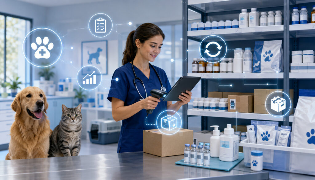 Veterinarian managing inventory in a modern clinic with pets and digital icons