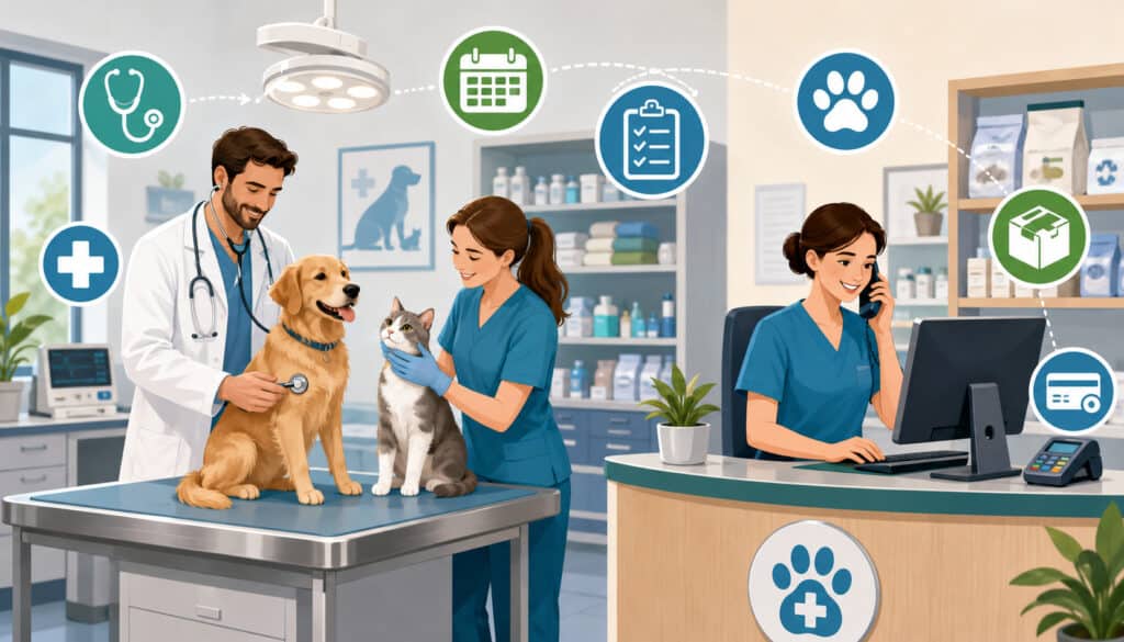 Efficient veterinary practice operations with clinic staff, pets, and workflow icons