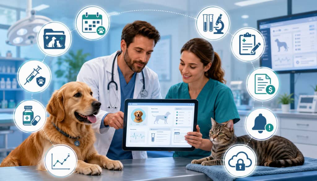 Veterinary EHR system features dashboard in a modern clinic