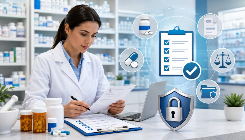 Pharmacy prescription compliance and medication security illustration