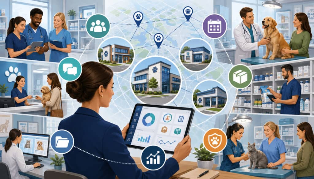 Multi-location veterinary management dashboard with connected clinics, staff, pets, scheduling, records, and inventory icons