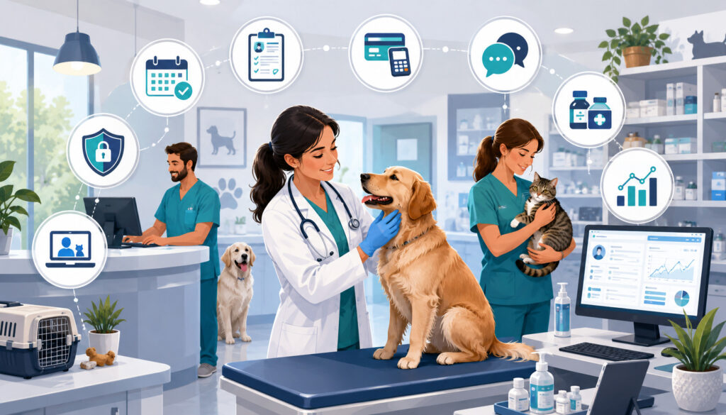 Veterinary clinic with staff caring for pets and feature icons