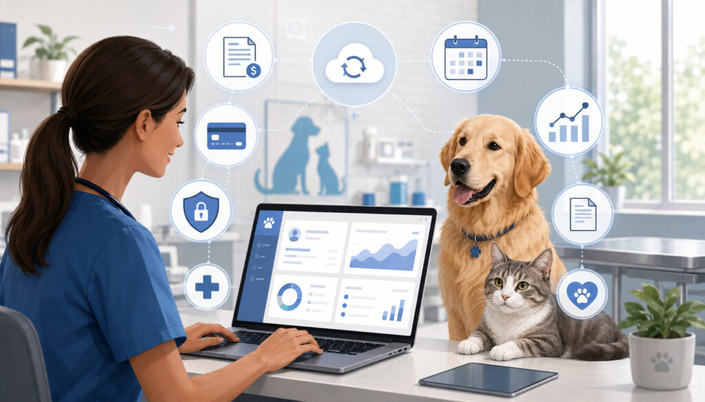 Veterinary billing software dashboard in a modern clinic with pets