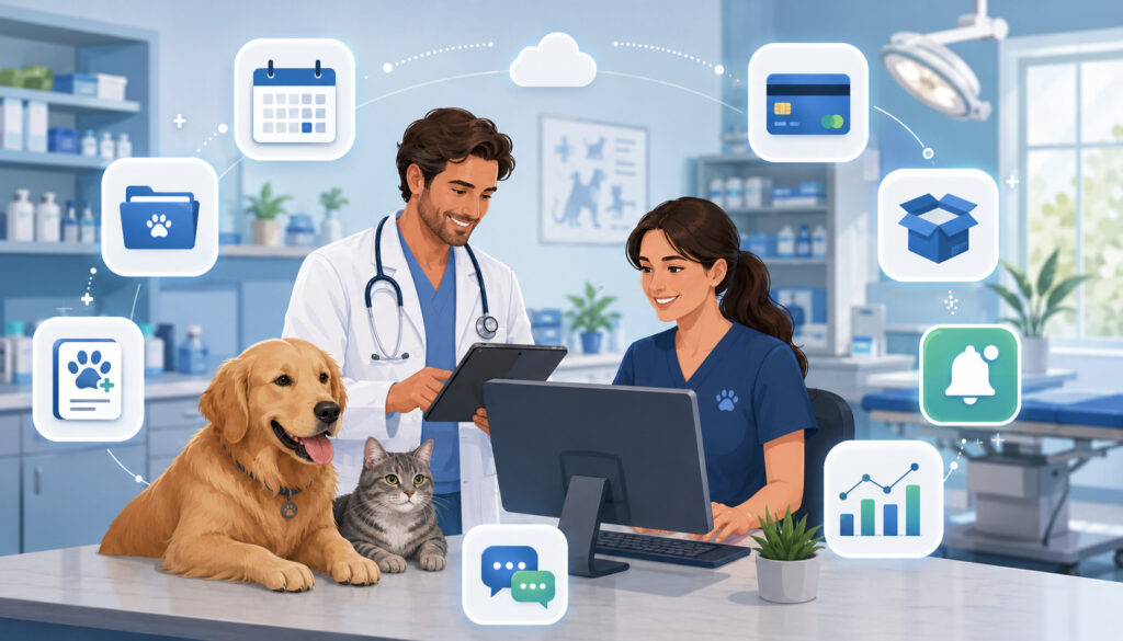 Veterinary practice management software dashboard in modern animal clinic