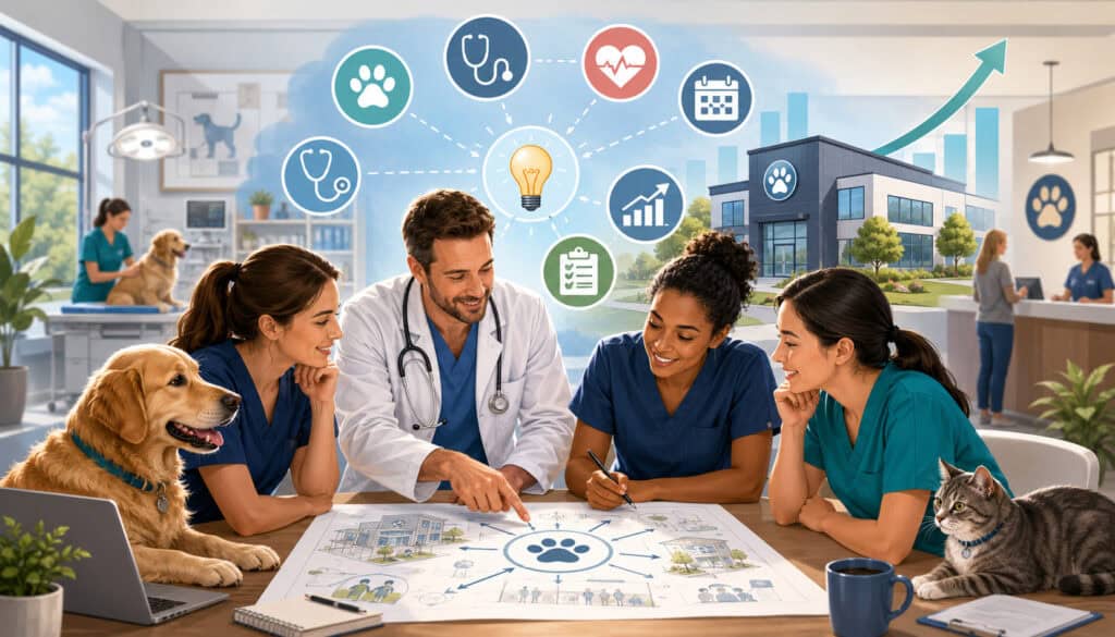 Veterinary team planning practice vision with pets