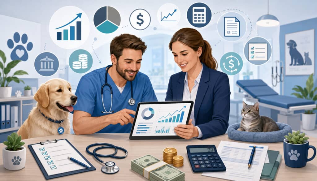 Veterinary financial KPIs dashboard with veterinarian and clinic manager reviewing analytics