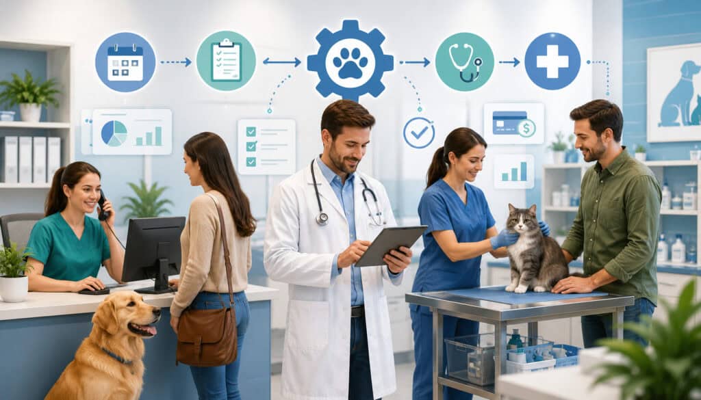 Veterinary clinic team using digital tools to streamline appointments, patient care, billing, and practice workflows