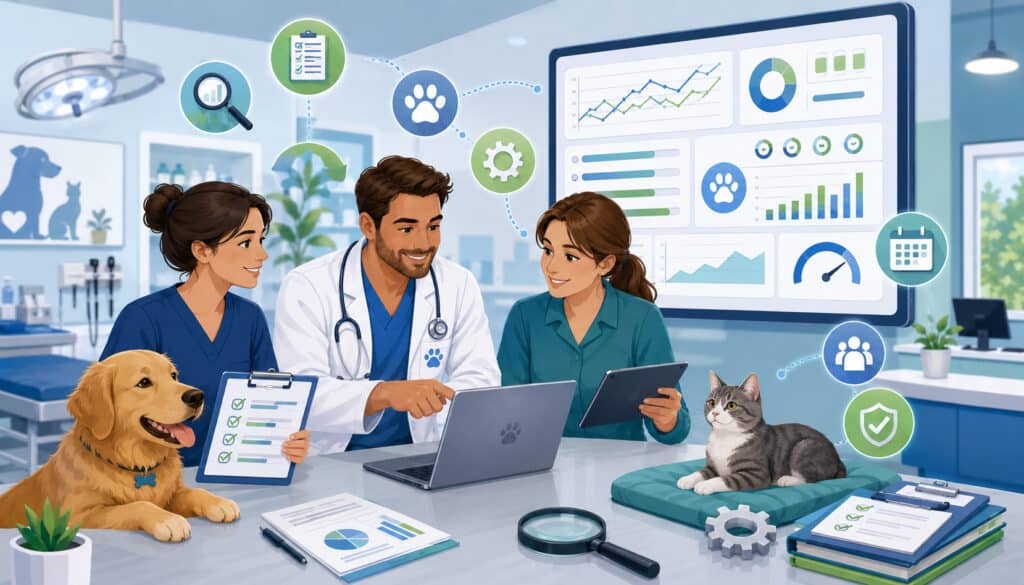 Veterinary team reviewing internal benchmarking dashboard