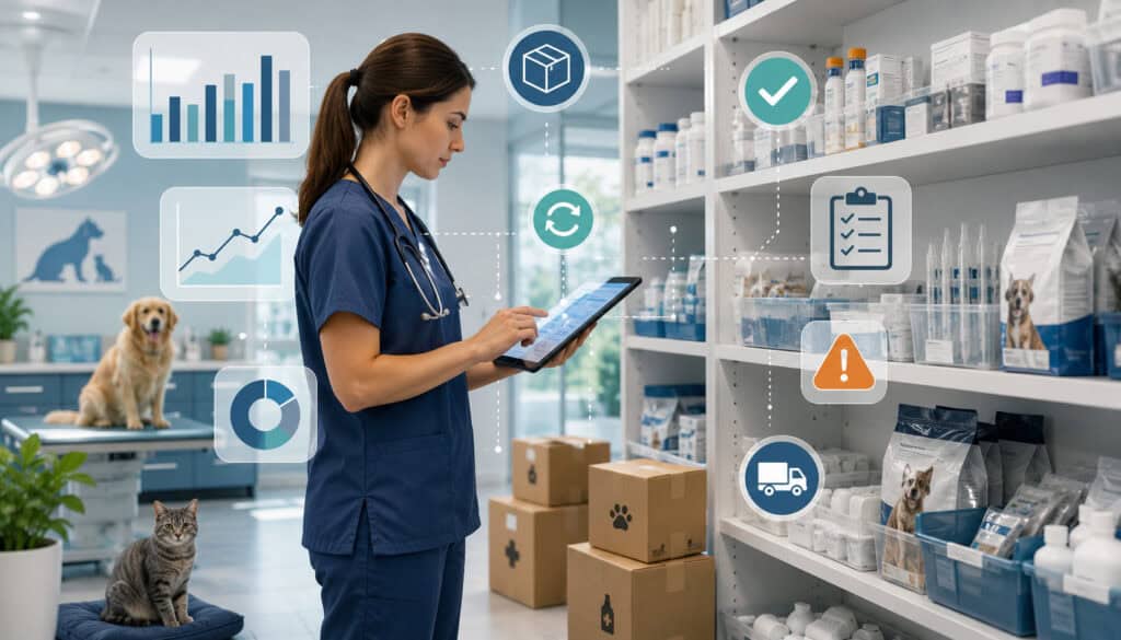 Veterinarian tracking clinic inventory KPIs on a tablet