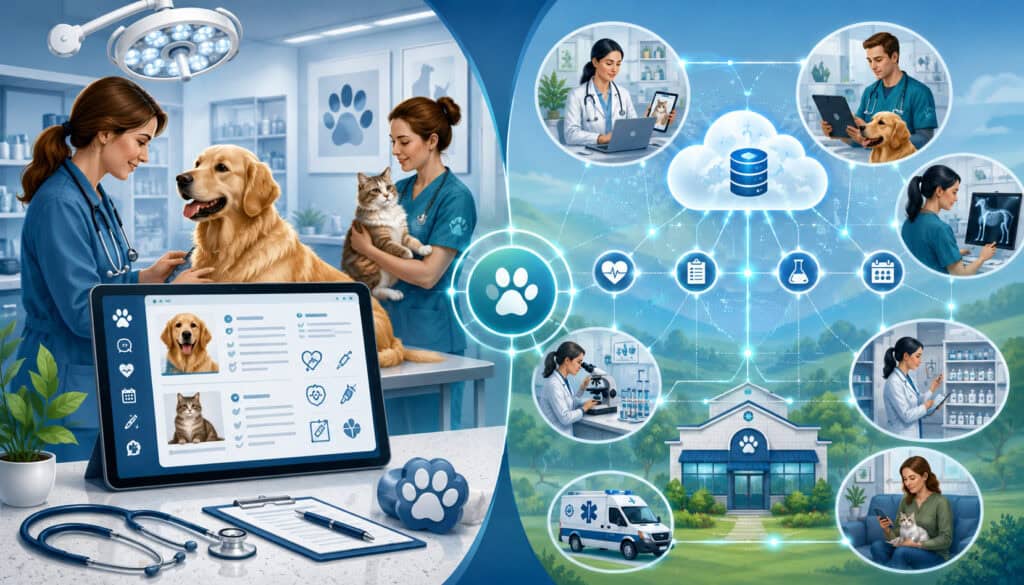 Veterinary EMR and EHR system comparison illustration