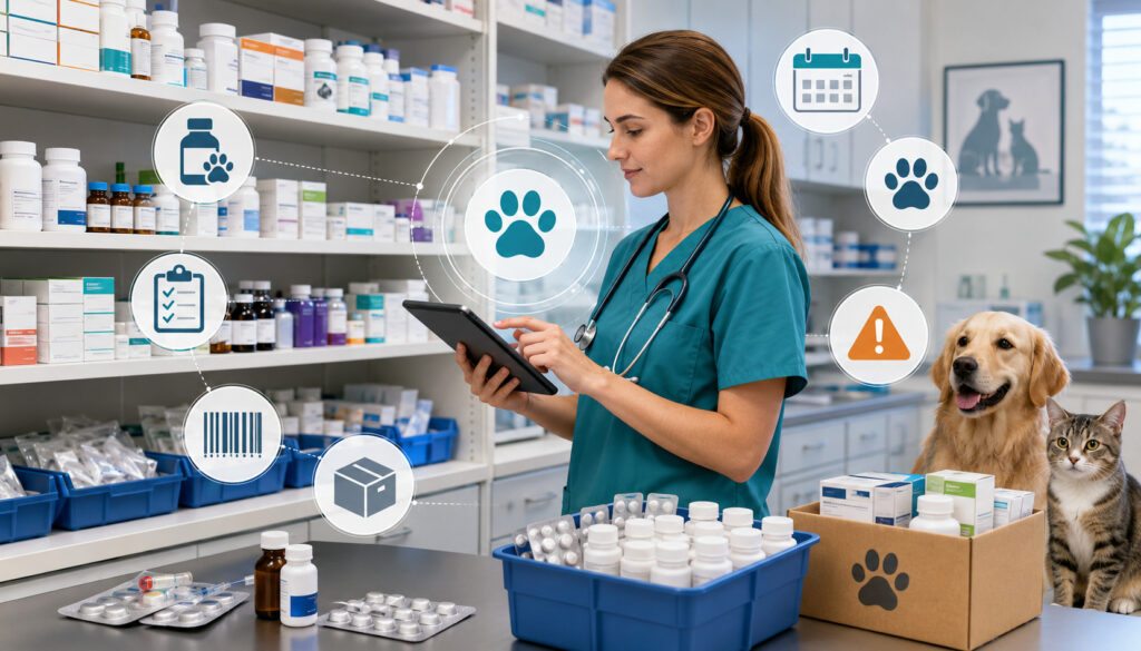 Veterinarian managing pet medication inventory with expiration tracking icons