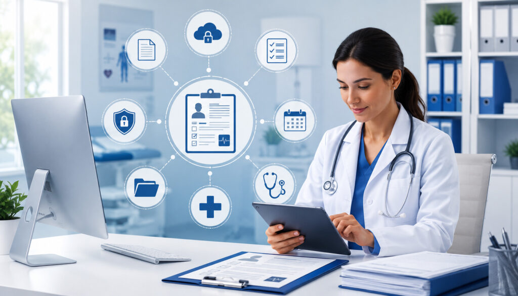 Doctor reviewing digital patient records in a modern medical office