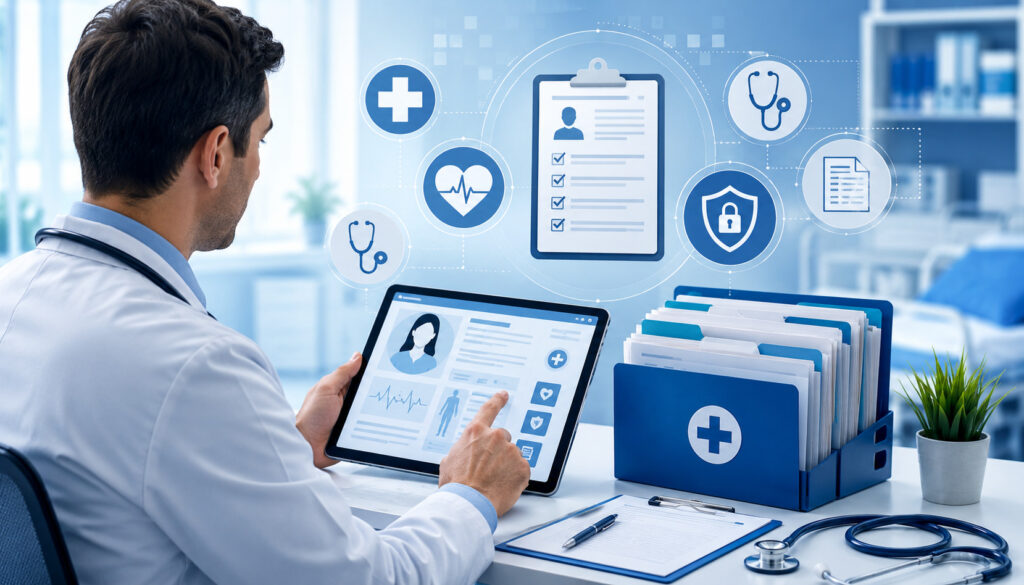 Doctor reviewing digital patient records and clinical documentation