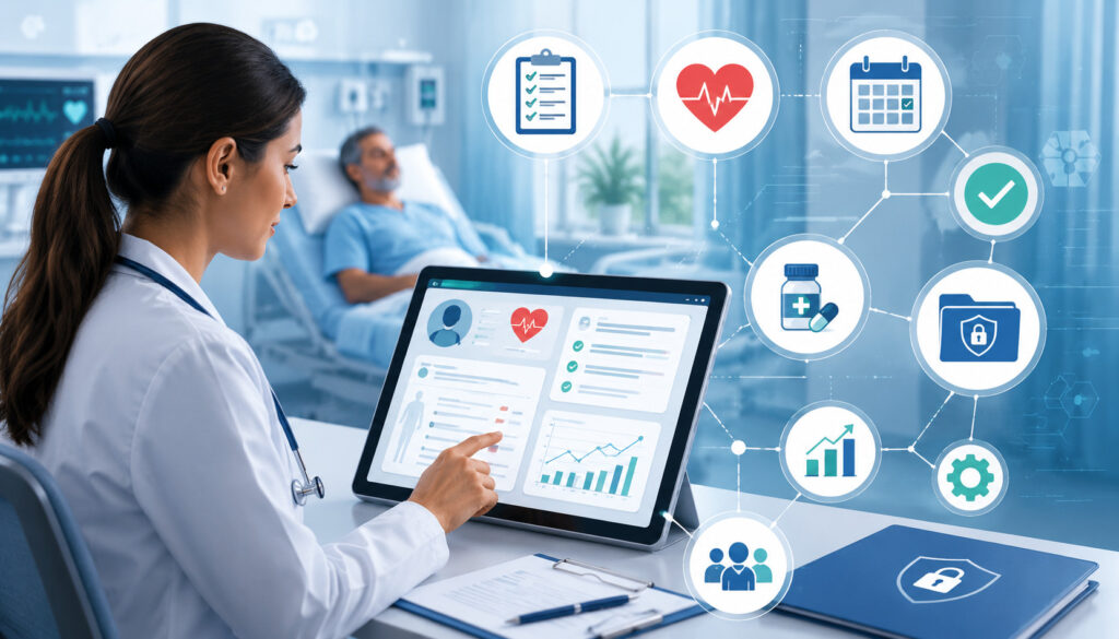 Digital medical records and clinical workflow tools in a modern hospital setting