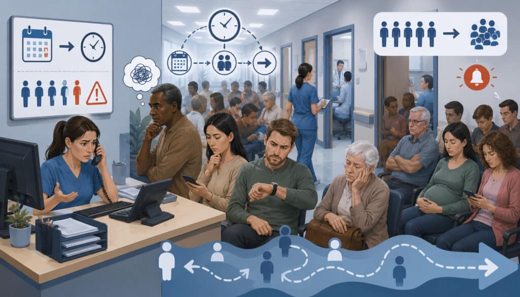 Crowded clinic waiting room showing poor appointment scheduling and patient flow