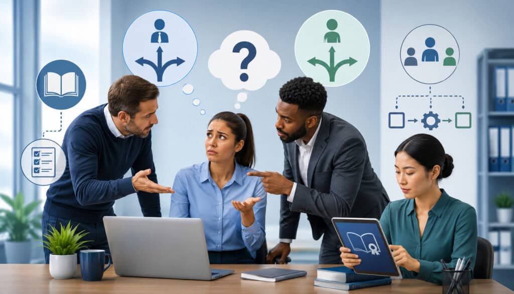 Confused staff receiving mixed training instructions in an office setting