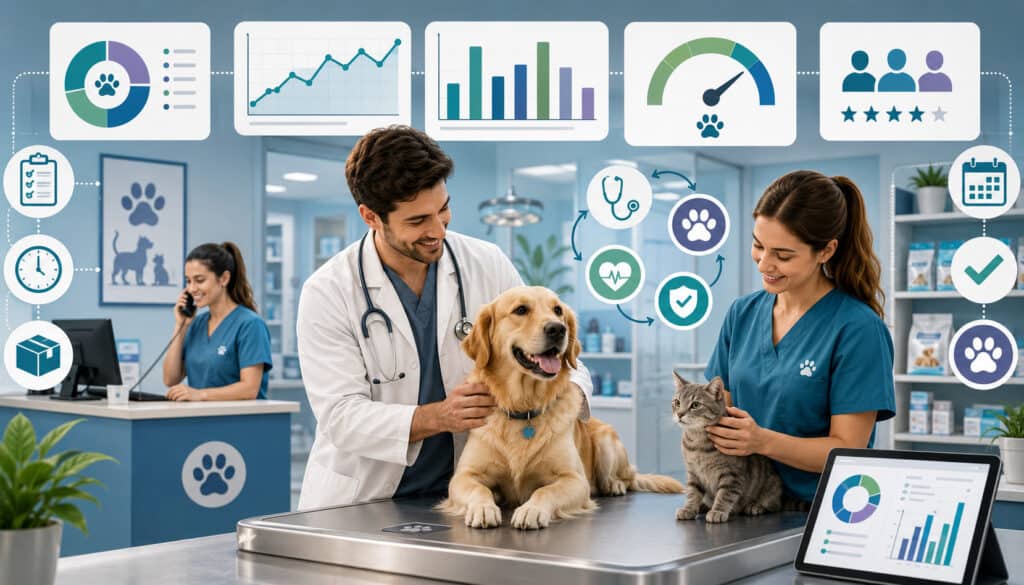 Veterinary clinic operational KPI dashboard with staff and pets