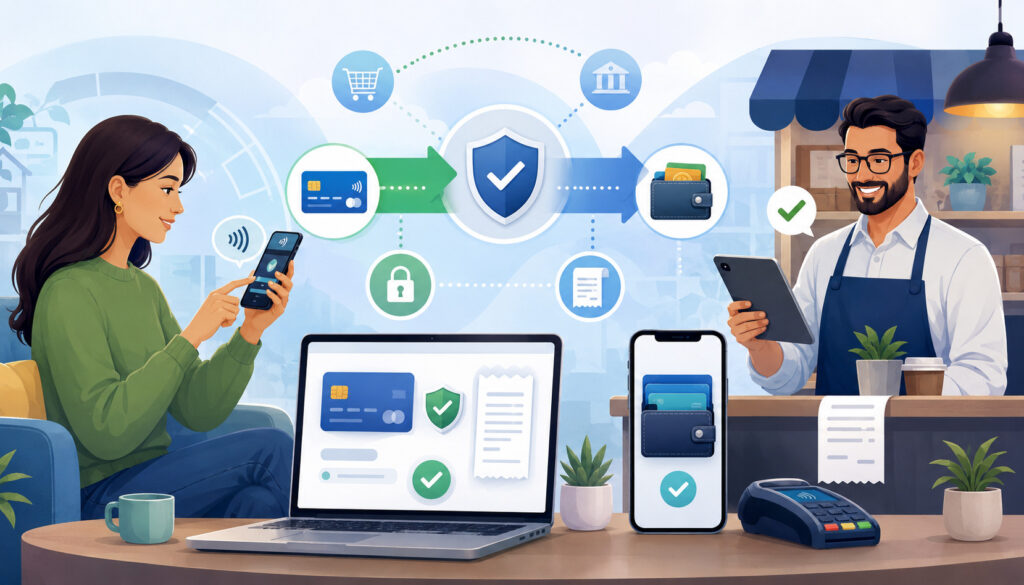 Customer making online payment with smartphone while merchant receives it digitally, showing secure and convenient digital transactions