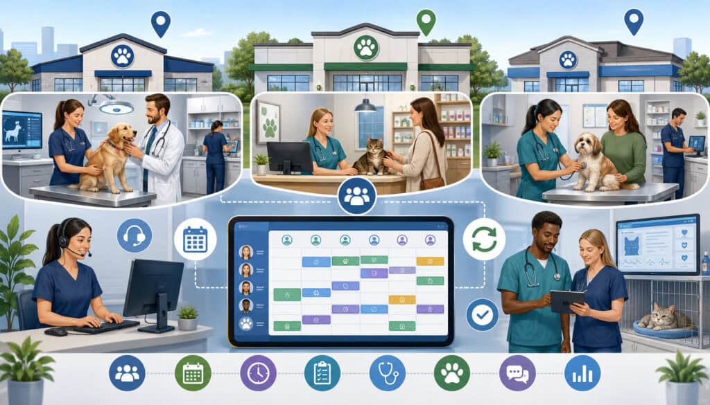 Multi-location veterinary staffing dashboard with clinic teams and pets