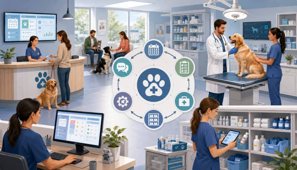 Standardized veterinary clinic operations workflow with staff and pets