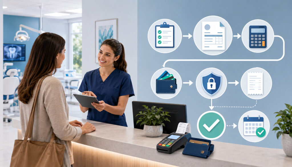 Dental office reception with patient, staff, and billing workflow icons