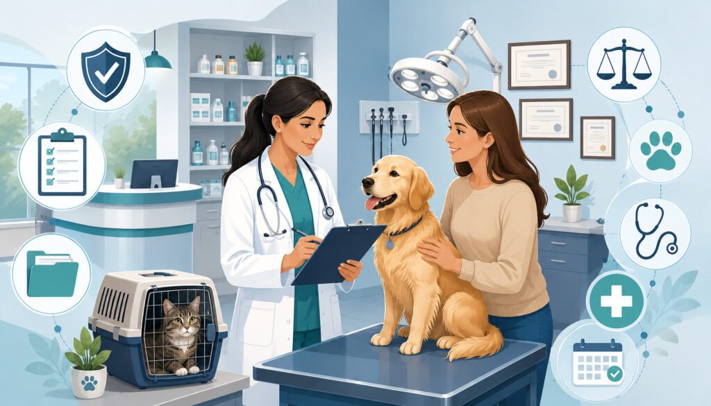 Veterinarian reviewing clinic compliance with pet owner and dog in exam room