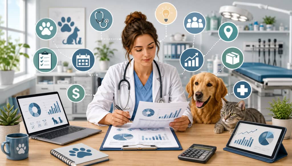 Veterinary business plan with clinic planning charts and pet care icons