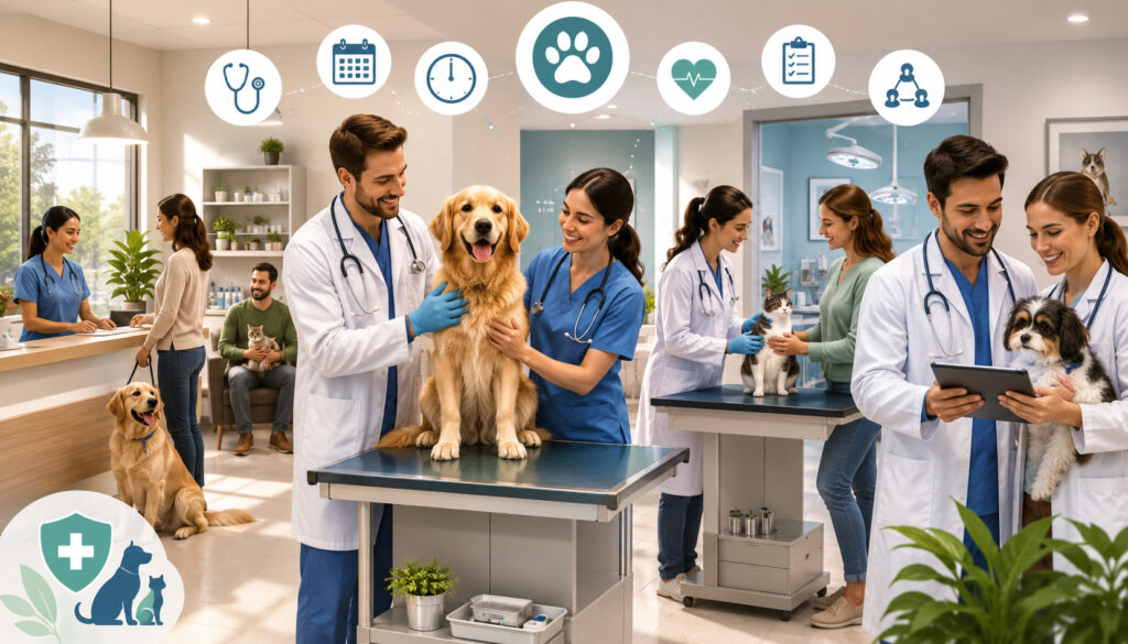 Multi-doctor veterinary clinic team caring for pets