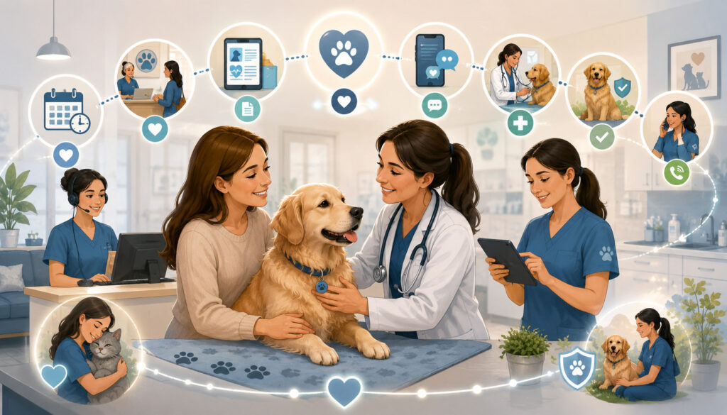 Veterinarian providing continuous care for a dog with client support icons