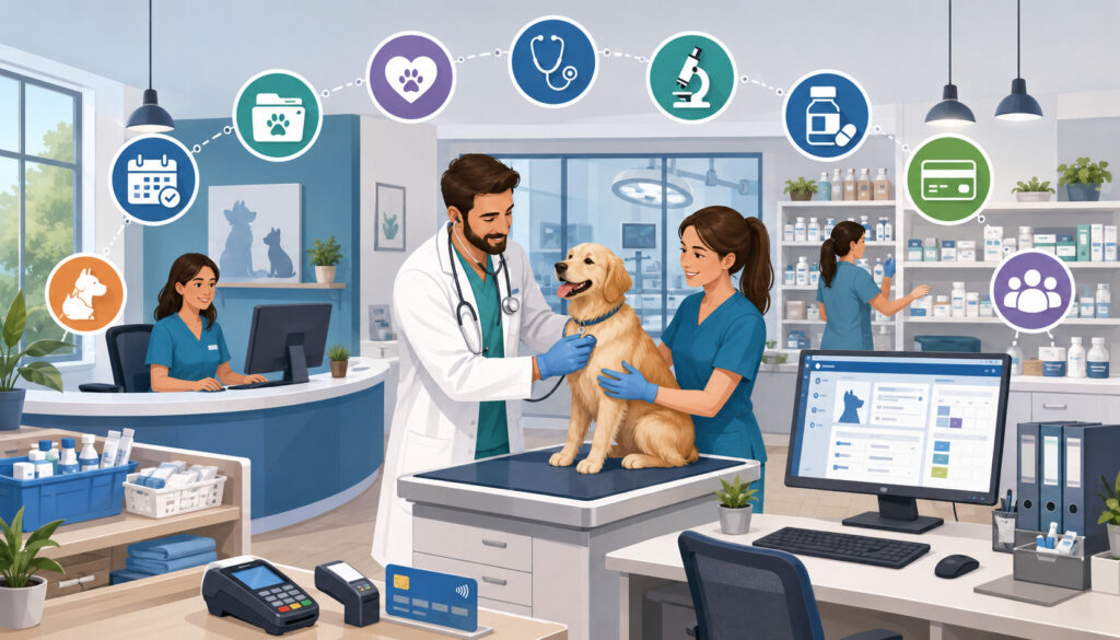 Modern veterinary clinic operations with staff, pet care, records, inventory, and payment icons