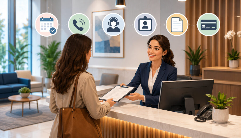 Front desk receptionist assisting visitor with check-in operations