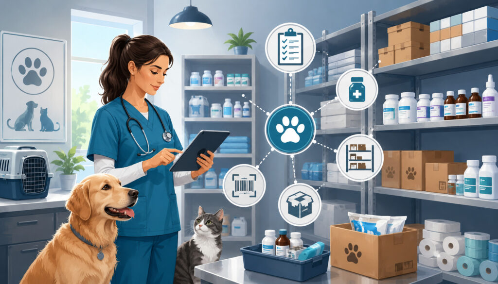 Veterinarian managing clinic inventory with pets and medical supplies