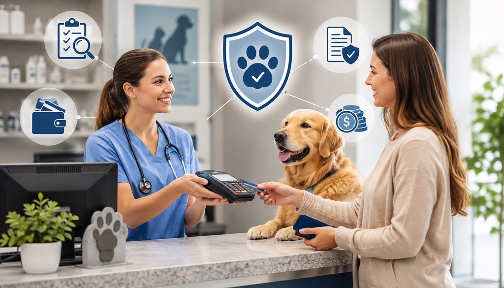 Pet owner paying veterinary bill with direct-pay insurance