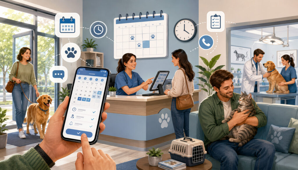 Veterinary clinic appointment scheduling with online booking and accessible care