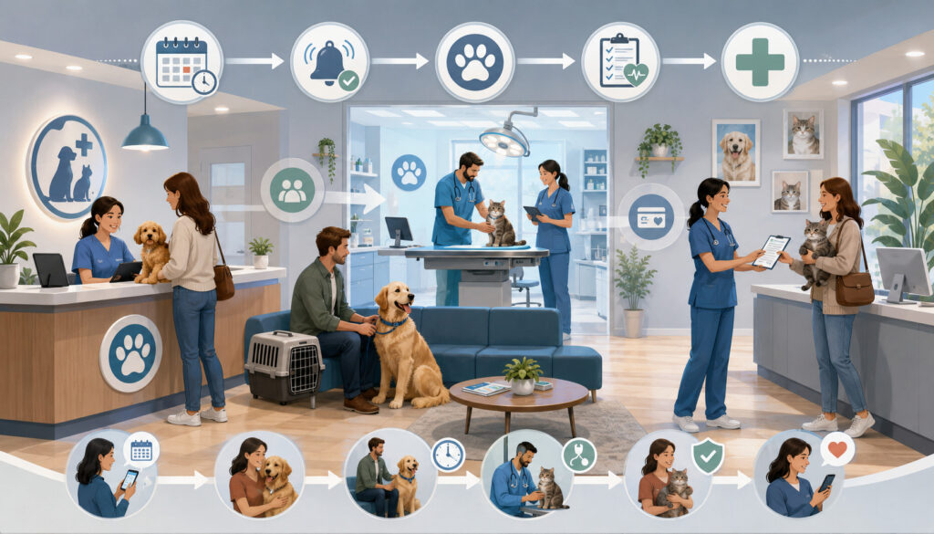 Veterinary clinic staff improving appointment flow from check-in to treatment